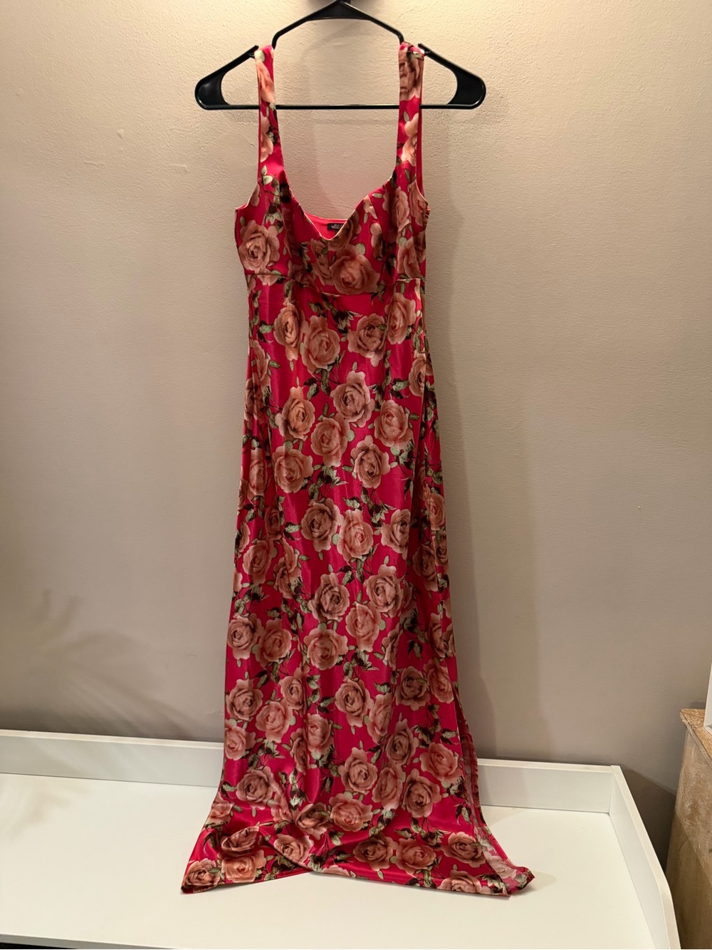 Wild Fable Pink Rose Floral Satin Maxi Dress Side Slit Scoop Neck Small